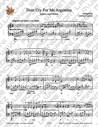 Dont Cry For Me Argentina Piano Sheet Music