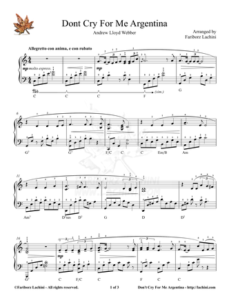 Dont Cry for Me Argentina Sheet Music